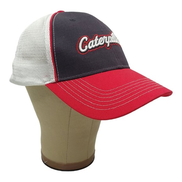 Caterpillar 3D Logo Mesh Strapback Cap Trucker Baseball Hat CAT Blue Red - Picture 3 of 12